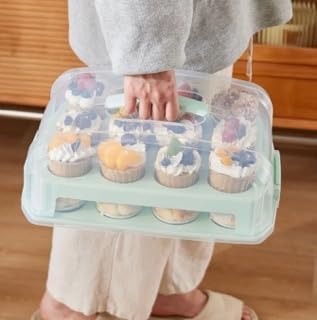 Cupcake Carrier, Green Cupcake Holder Carries 24 Standard-Size Cupcakes, Muffin Traveler Two Tier Stand Reusable Cupcake Box