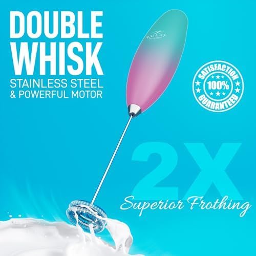 Zulay Kitchen Powerful Double Whisk Milk Frother Handheld - Foam Maker With Stand - Whisk Drink Mixer for Coffee, Mini Foamer for Latte, Matcha, Frappe, Hot Chocolate & Cappuccino (Bubblegum)