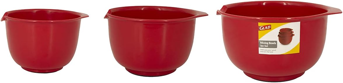 GLAD Mixing Bowls with Pour Spout, Set of 3 | Nesting Design Saves Space | Non-Slip, BPA Free, Dishwasher Safe Plastic | Kitchen Cooking and Baking Supplies, Red