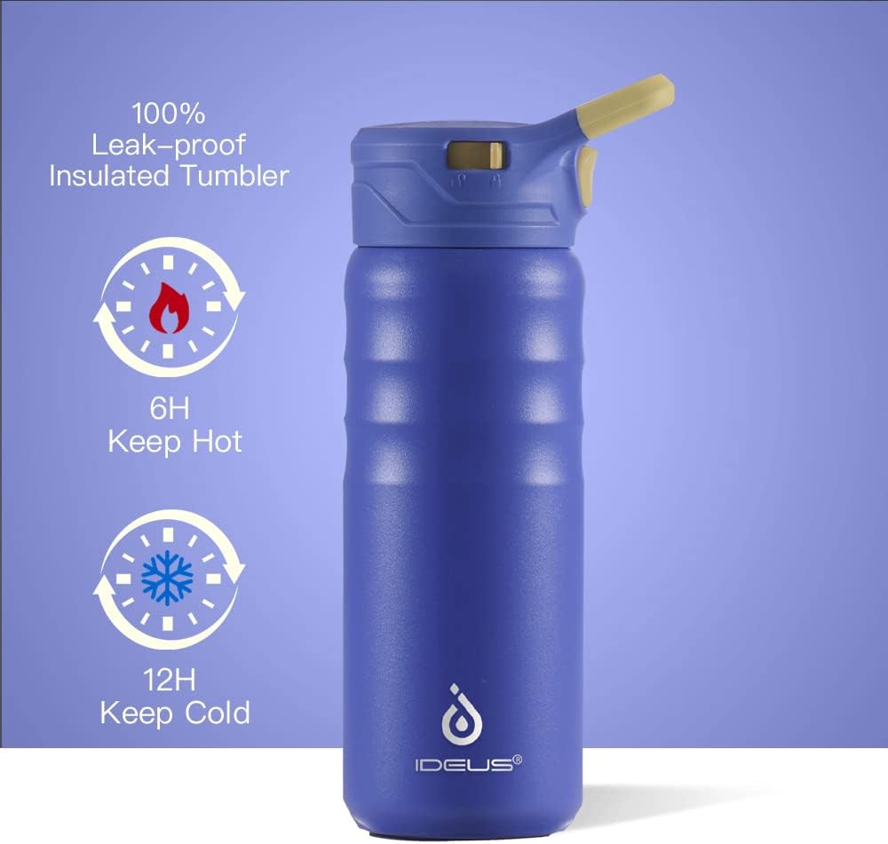 IDEUS Insulated Stainless Steel Water Bottle with 2 Leak-Proof Lids, Thermal Water Flask for Hiking Biking, 18oz, Purple