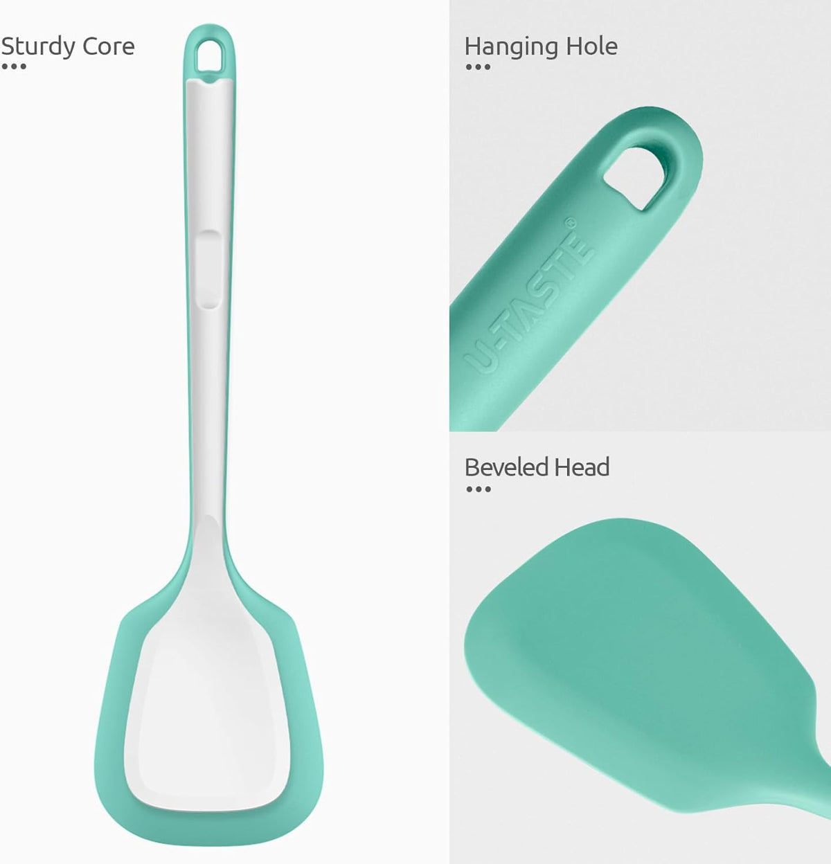 13.6" Solid Silicone Turner: U-Taste 600ºF Heat Resistant Kitchen Spatula Flipper, Food Grade Flexible Wide Seamless Rubber Cooking Utensil for Egg, Pancake, Burger in Nonstick Cookware (Aqua Sky)