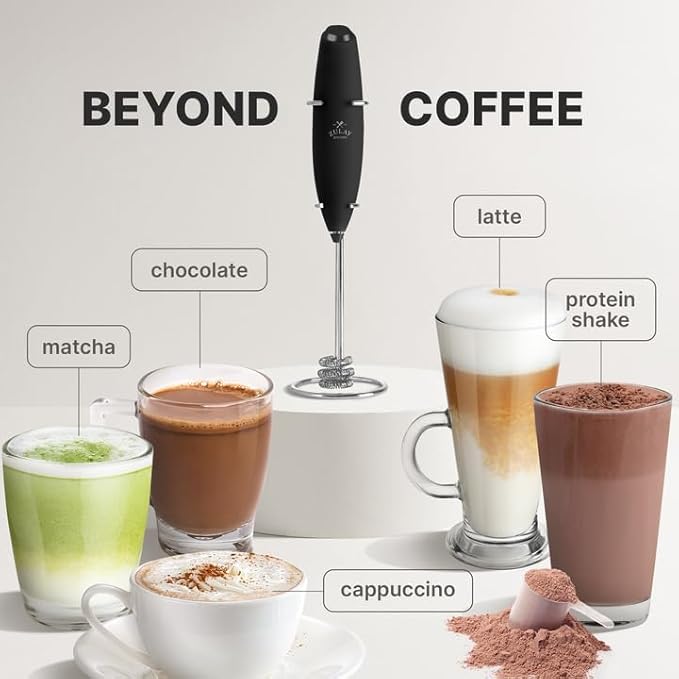 Zulay Kitchen Tornado Milk Frother Handheld Wand – Electric Coffee Frother with Triple Whisk & Stand – Hand Held Drink Mixer for Latte, Cappuccino, Matcha, Hot Chocolate, Protein Shakes – Black/Black