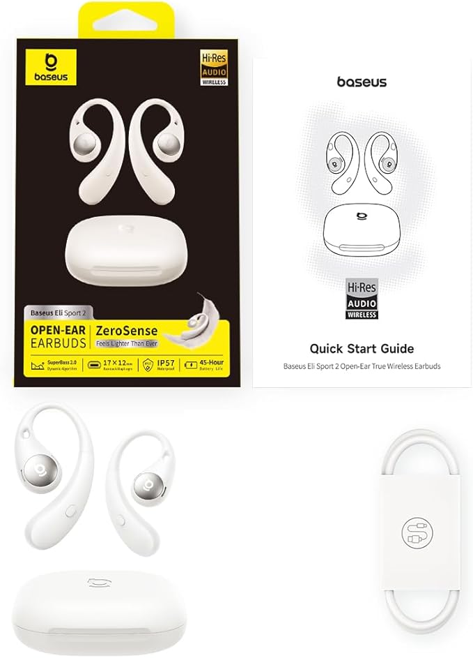 Baseus Eli Sport 2 Open-Ear Headphones Wireless Earbuds,Secure Earhook Sport Design,Ultra-Comfort,4-Mic Clear Calls, IP57 Waterproof,45H Play, Bluetooth 6.0 Earhook Fit Running Workout Gym -White