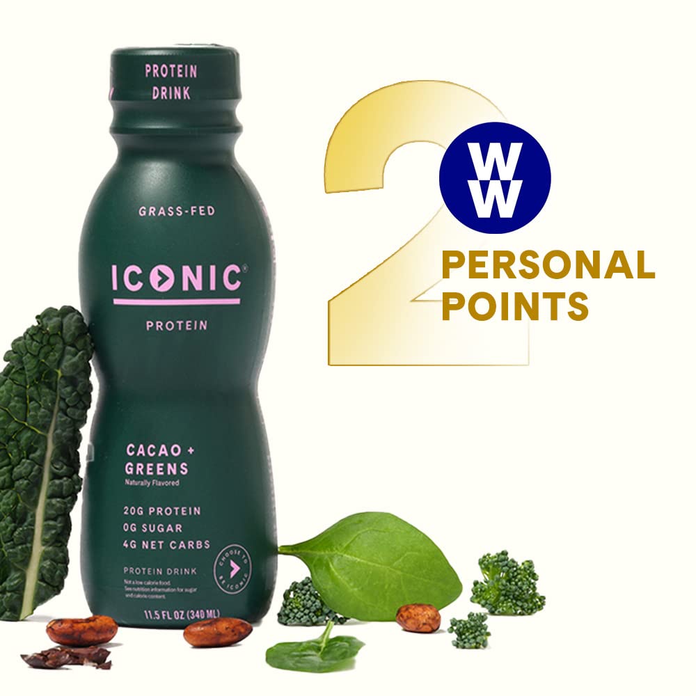 ICONIC Protein Shake, Cacao + Greens (12 Pack) – 20g Grass-Fed Protein Drink – Low Carb, Sugar Free, Keto Friendly – Lactose Free, High Protein Snack or Meal Replacement Shake