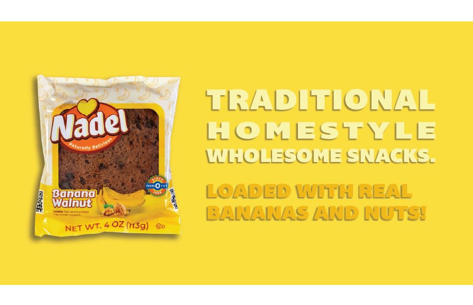 Nadel - Naturally Delicious Banana Nut bread, 12 Pack, Fresh Bananas, Crunchy Walnuts, Lunch snack breakfast bars Natural fresh brand, Cake Slices