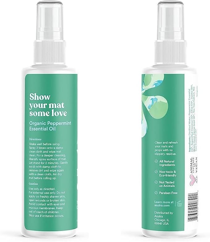 ASUTRA Yoga Mat Cleaner Spray (Energizing Peppermint), 4 fl oz - No Slippery Residue, Organic Essential Oils, Deep-Cleansing for Fitness Gear & Gym Equipment, Microfiber Towel Included