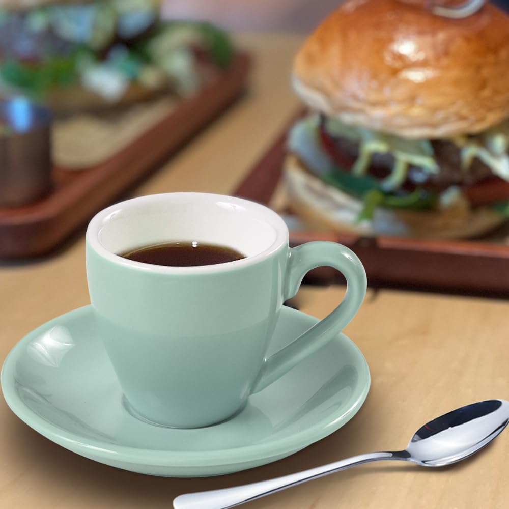 homEdge Porcelain Espresso Shot Cup Set with Saucers and Stainless Steel Spoons - 80 ml / 2.67 oz, Set of 4, Mint Green