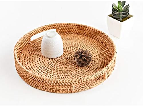 Round Rattan Serving Tray Decorative Woven Ottoman Trays with Handles for Coffee Table Natural (Small 11.8 inch x 2.4 inch)