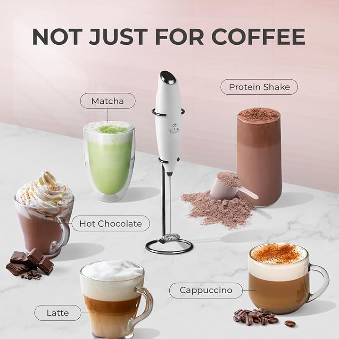 Zulay Powerful Milk Frother (4 Duracell Batteries Included) - Handheld Milk Frother Wand Drink Mixer for Coffee - Powerful Milk Foamer for Cappuccino, Frappe, Matcha & Coffee Creamer - White & Black