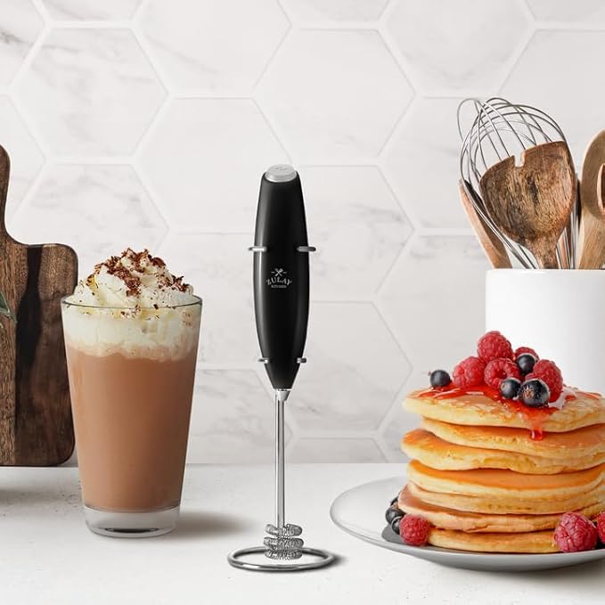Zulay Kitchen Tornado Milk Frother Handheld Wand – Electric Coffee Frother with Triple Whisk & Stand – Hand Held Drink Mixer for Latte, Cappuccino, Matcha, Hot Chocolate, Protein Shakes – Metal Black
