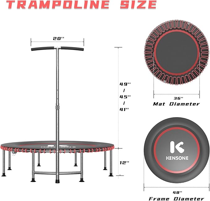 40/48" Low-Impact Rebounder Trampoline for Adults with Bungee, 450/550LBS Quiet Mini Exercise Trampoline with Adjustable U/T-Shaped Foam Handle Bar, Fitness Equipment for Indoor/Gym Workout