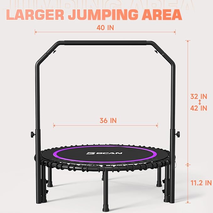 BCAN 40"/48" Rebounder Trampoline for Adult, 450/550LBS Fitness Trampoline with Bungees, Adjustable Handle, Stable & Quiet, Indoor Outdoor, Whole-Body Workout & Relaxation at Home for Women/Men
