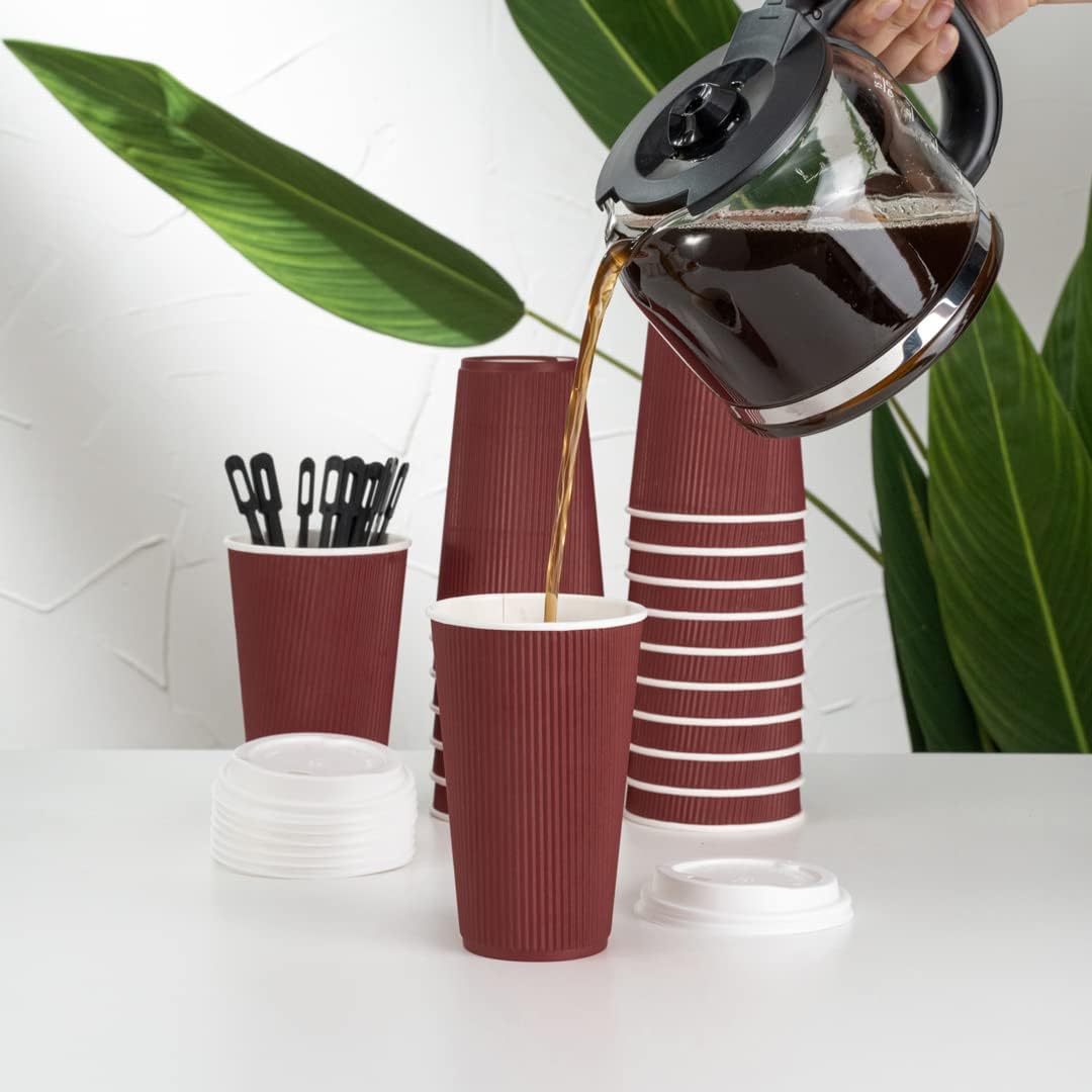 Restaurantware 12 Ounce Double Wall Disposable Coffee Cups, 500 Insulated Crimson Paper Tumblers with Rolled Rim Design, Lids Sold Separately for Hot Drinks like Tea, Hot Chocolate and More