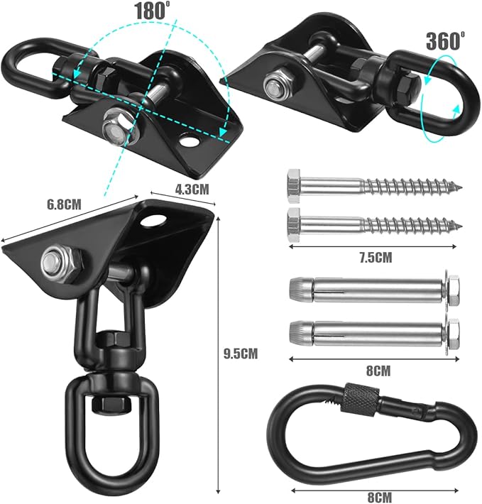 2 Pack Hammock Hanging Kit, Hanging Chair Hardware 360°Rotating Hammock Hooks Heavy Duty, Hammock Chair Hanging Kit & Swing Ceiling Hook Snap for Hammock Chair Stand,Seat,Yoga,Gym, 1200 lb Capacity