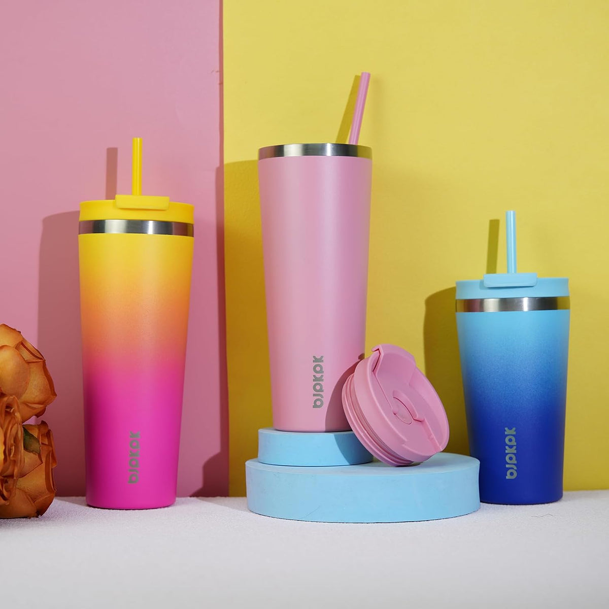 BJPKPK 22oz Stainless Steel Insulated Tumbler With lid And Straw Travel Coffee Thermal Tumblers Cup For Women And Men,Pink Yellow Rose