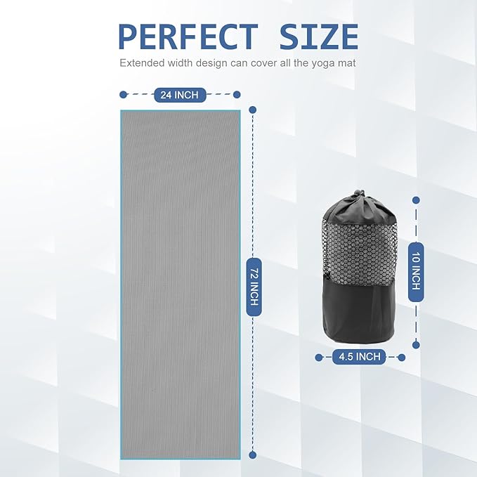 Eunzel 2 Pack Hot Yoga Towel with Grip Dot, Non Slip Yoga Mat Towe Sweat Absorbent Towel for Hot Yoga,Bikram, Pilates and Fitness 72" x 24", Grey