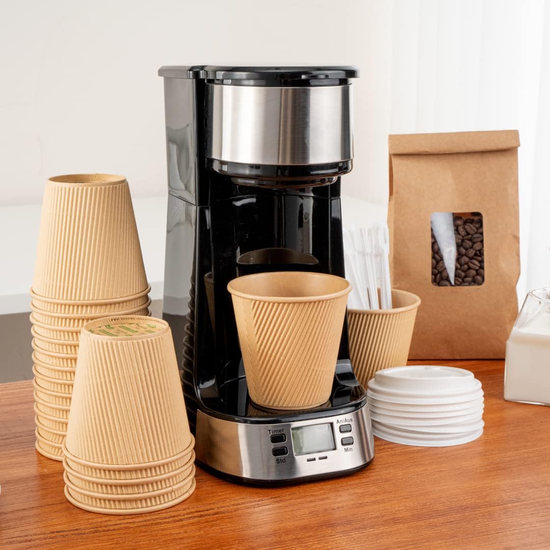 Restaurantware 8 Ounce Double Wall Disposable Coffee Cups, 25 Insulated Kraft Paper Tumblers Ripple Wall Design, Lids Available and Sold Separately, for Hot Drinks like Tea, Hot Chocolate