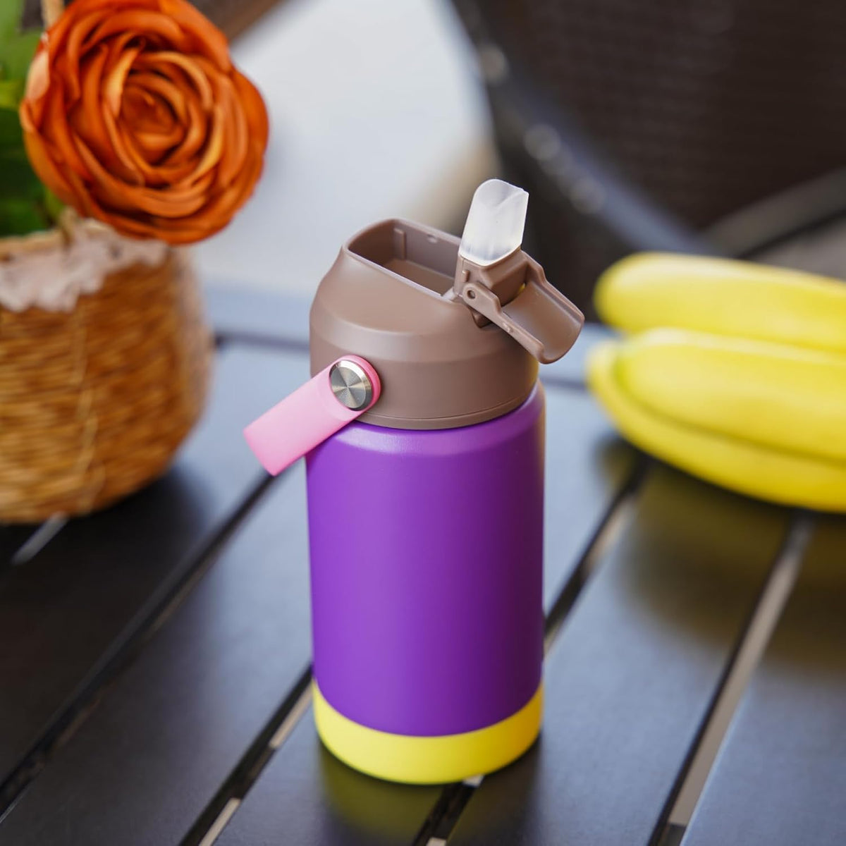 BJPKPK Insulated Water Bottle with Straw Lid, 12oz Thermos Water Bottles with Soft Nozzle, Flex Handle & Non-slip Boot, BPA Free Leak Proof Stainless Steel Metal Thermos, Tumblers, Cups,Violet