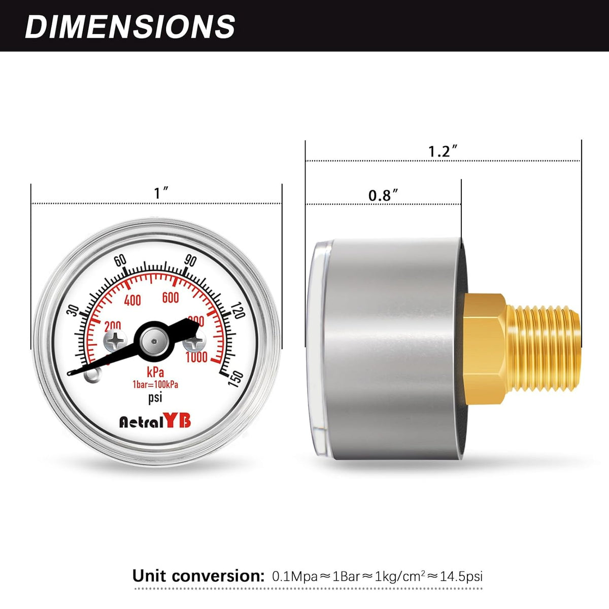 Mini 1 Inch Pressure Gauge, 0-150Psi/Kpa Dry Pressure Gauge, 1" Dial Size, 1/8 Npt Back Mount, Stainless Steel Case, for Water, Air,Oil Pressure Test