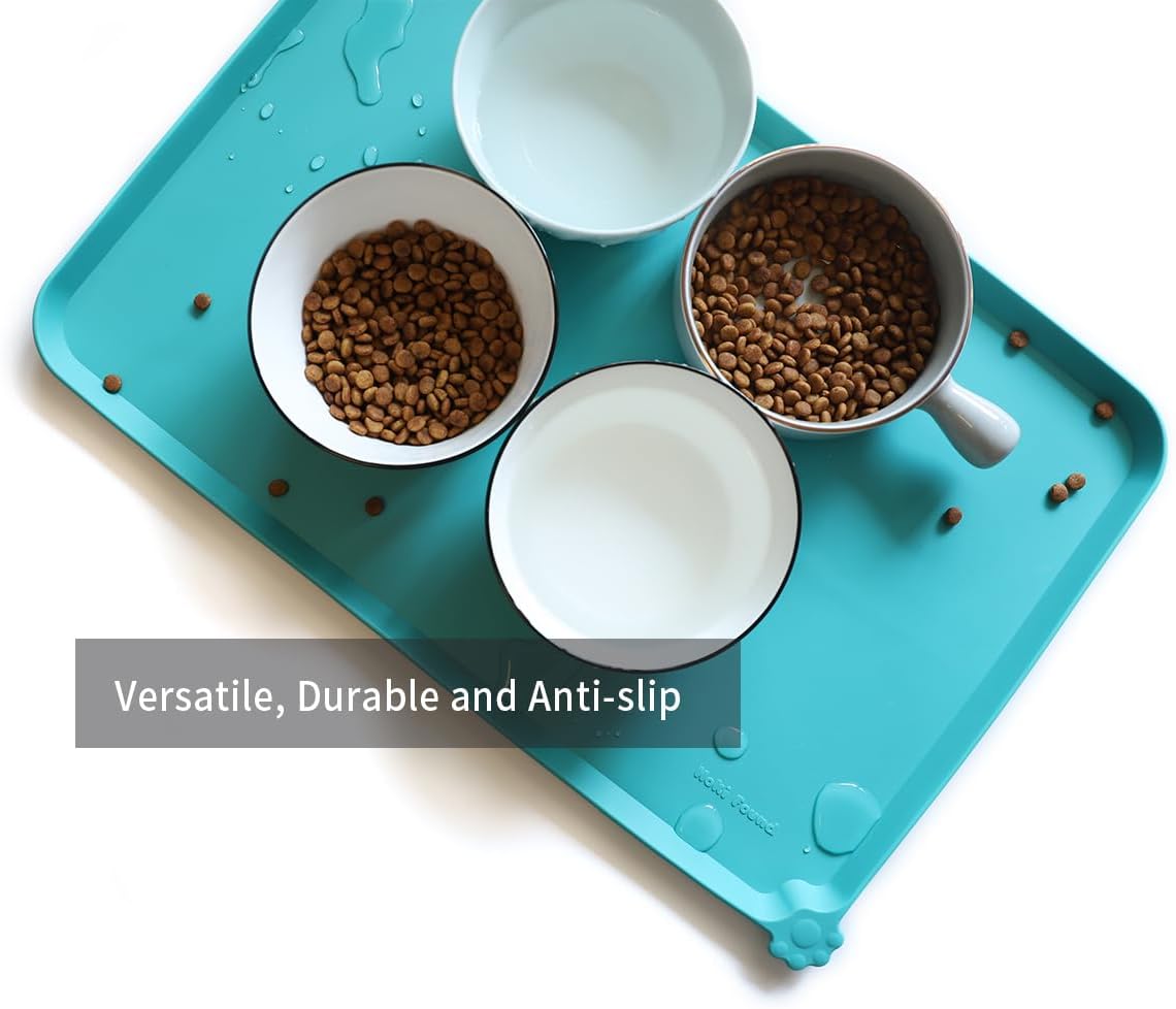 Hoki Found L Silicone Pet Food Mats Tray - Non Slip Pet Dog Cat Bowl Mats Placemat - Dog Pet Cat Feeding Mat - Waterproof Dog Cat Food Mats -Pet Water Mats for Floors -Teal
