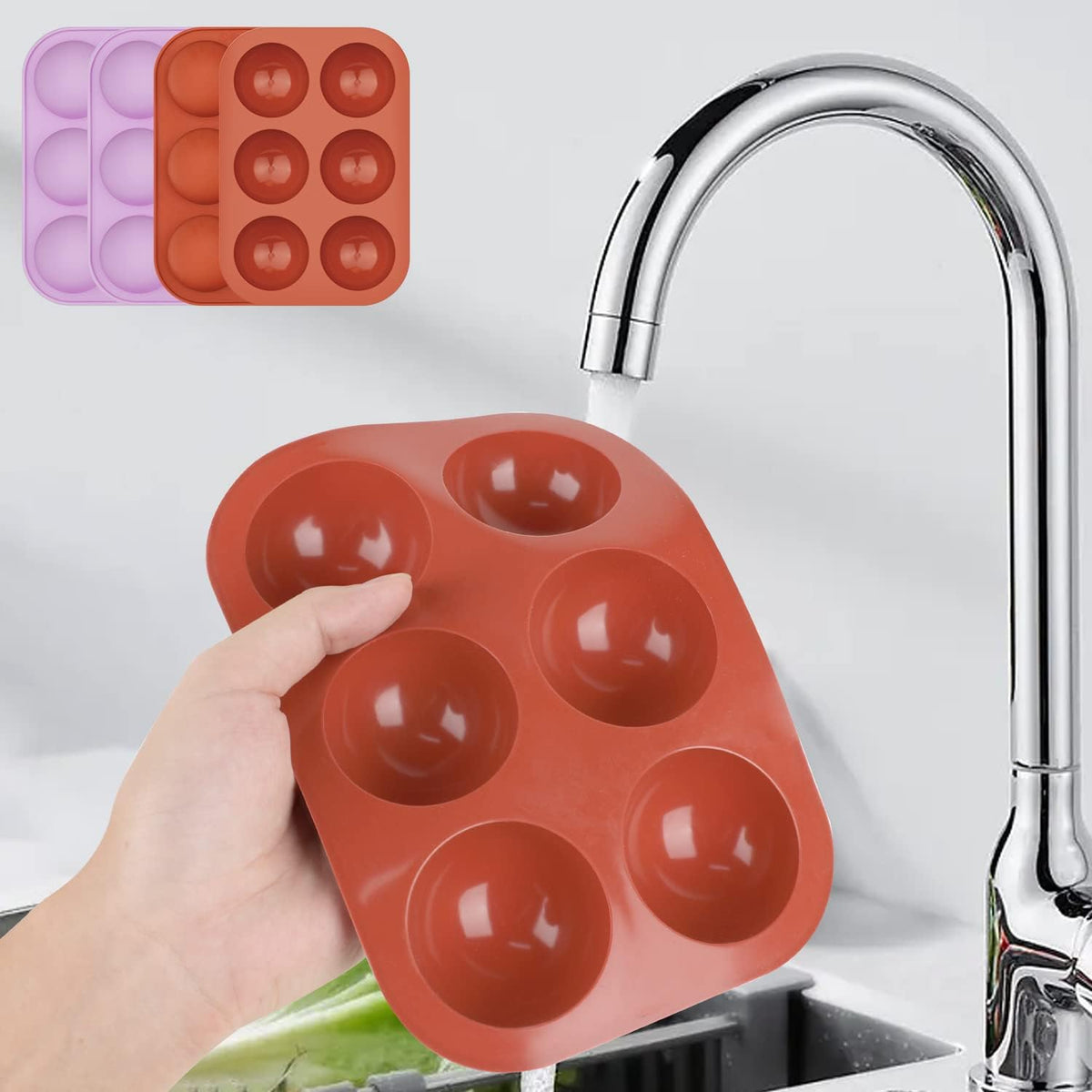4Pack 6-Cavity Semi Sphere Silicone Mold, Baking Mold for Making Hot Chocolate Bomb, Cake, Jelly, Dome Mousse ((2Pcs Purple + 2Pcs Red))