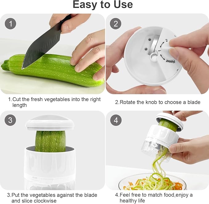 3 in 1 Vegetable Spiralizer Slicer, Adjustable Zucchini Carrot Noodle Maker, Cucumber Spiral Cutter, Easy to Use Kitchen Tool(White)