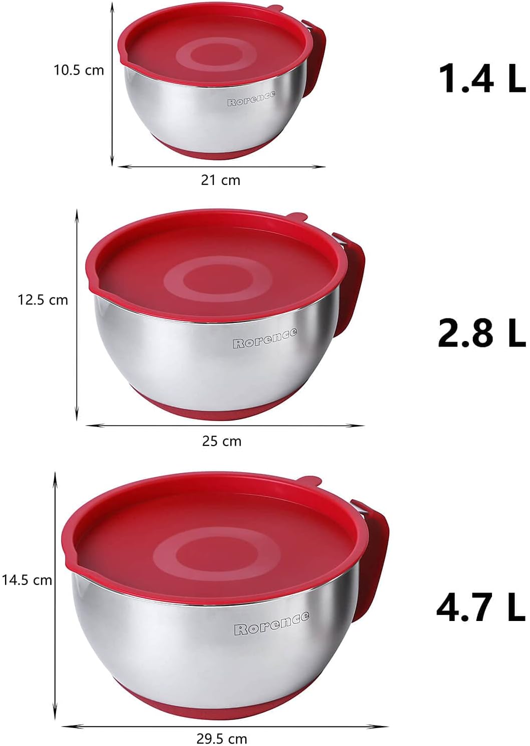 Rorence Mixing Bowls with Lids Set: Stainless Steel Mixing Bowls with Handles, Non-Slip Bottom & Pour Spout - Red, 3 quarts