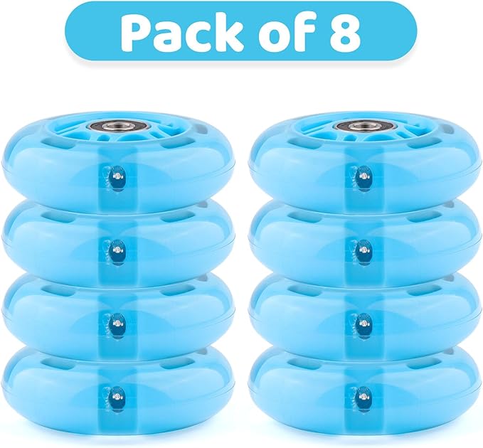 8pcs Inline Skate Wheels Led Light-Up Wheels 64/70/72/76/80mm w/Bushings 85-88A for Kids and Youth Beginners Children's Inline Skates Indoor/Outdoor Use (Blue, 80mm)