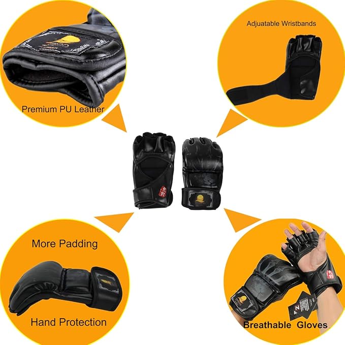 ZooBoo MMA Gloves, Half-Finger Boxing Fight Gloves MMA Mitts with Adjustable Wrist Band for Sanda Sparring Punching Bag Training (One Size Fits Most)