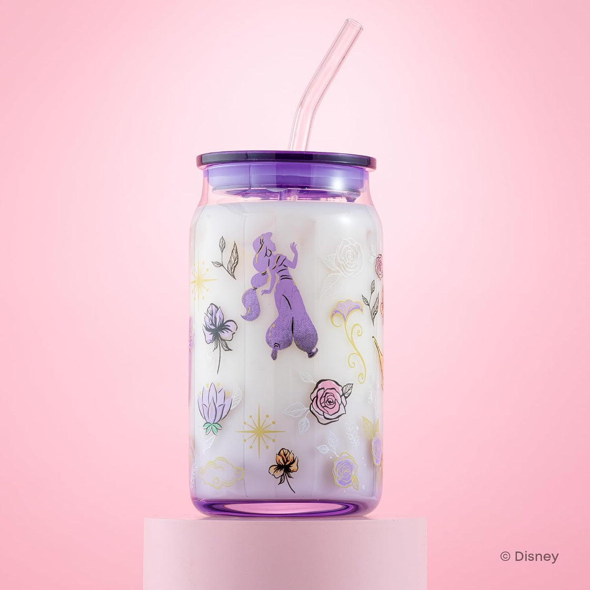 JoyJolt Disney Princess Icon Glass Tumblers with Lids and Straws, 16oz Glass Cups with Lids and Straws ft Princess Jasmine Ariel Cinderella Belle, 4pc Can Shaped Drinking Glasses, Iced Coffee Cups