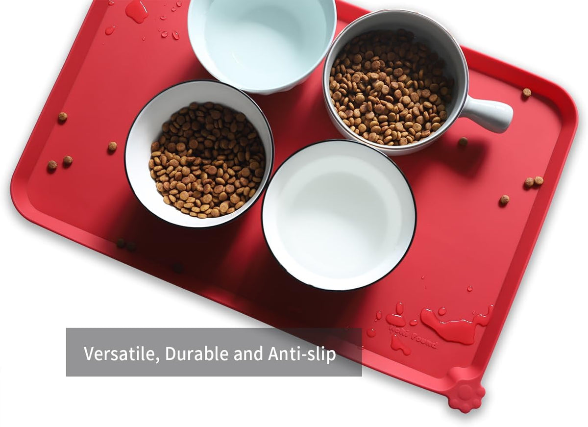 Hoki Found L Silicone Pet Food Mats Tray - Non Slip Pet Dog Cat Bowl Mats Placemat - Dog Pet Feeding Mat - Waterproof Dog Cat Food Mats -Pet Water Mats for Carpet - Classic red
