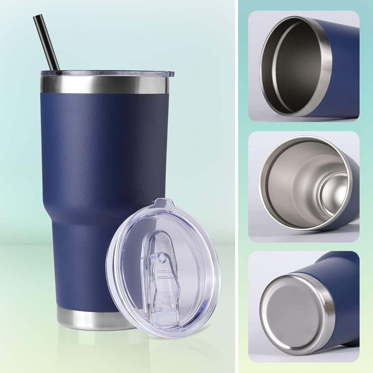 DOMICARE 30oz Tumbler Bulk with Lid and Straw, Double Wall Travel Coffee Mug, Insulated Vacuum Stainless Steel Tumblers, Powder Coated Tumbler Cup (Navy, 8)