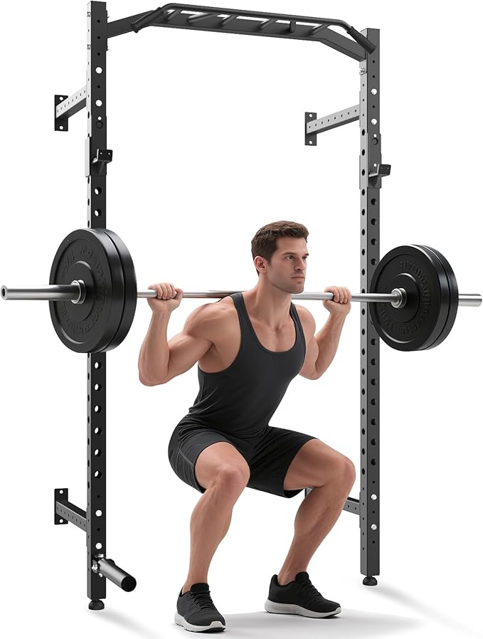 1600LB Wall Mounted Power Rack, Commercial Squat Rack for Home Gym with Multi-Grip Pull Up Bar, j-Cups & Landmine Attachment for Home and Garage Gym