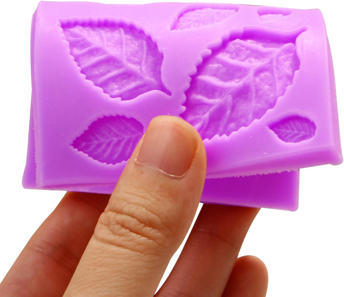 Rose Flower Fondant Molds, Flower and Leaves Silicone Molds, Cake Decoration Chocolate Molds for Cupcake Topper Candy Cookie Clay Crafting Projects Set Of 2