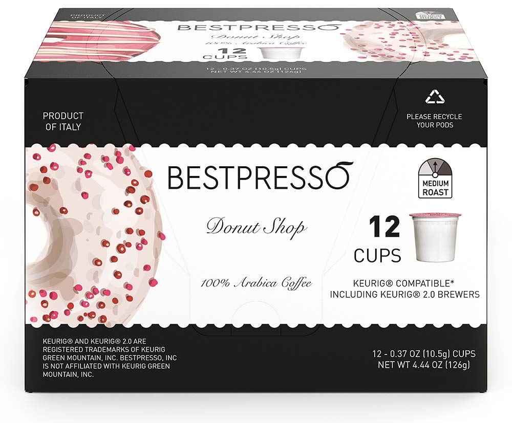 Bestpresso Coffee, Donut Shop Medium Roast Single Serve K-Cup Pods, 96 Count (Compatible With 2.0 Keurig Brewers) 8 Packs Of 12 Cups