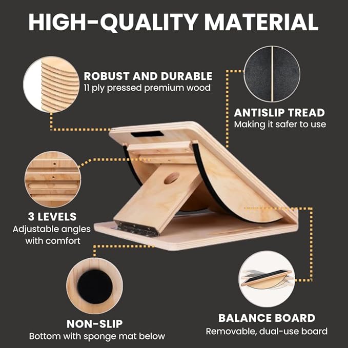 2-in-1 Fitness Slant Board for Calf Stretching Adjustable Incline Board for Mobility, Rehab, Yoga, Pilates, Planter Fasciitis Calf Stretcher Balance Board for Feet Heel Ankle – Portable