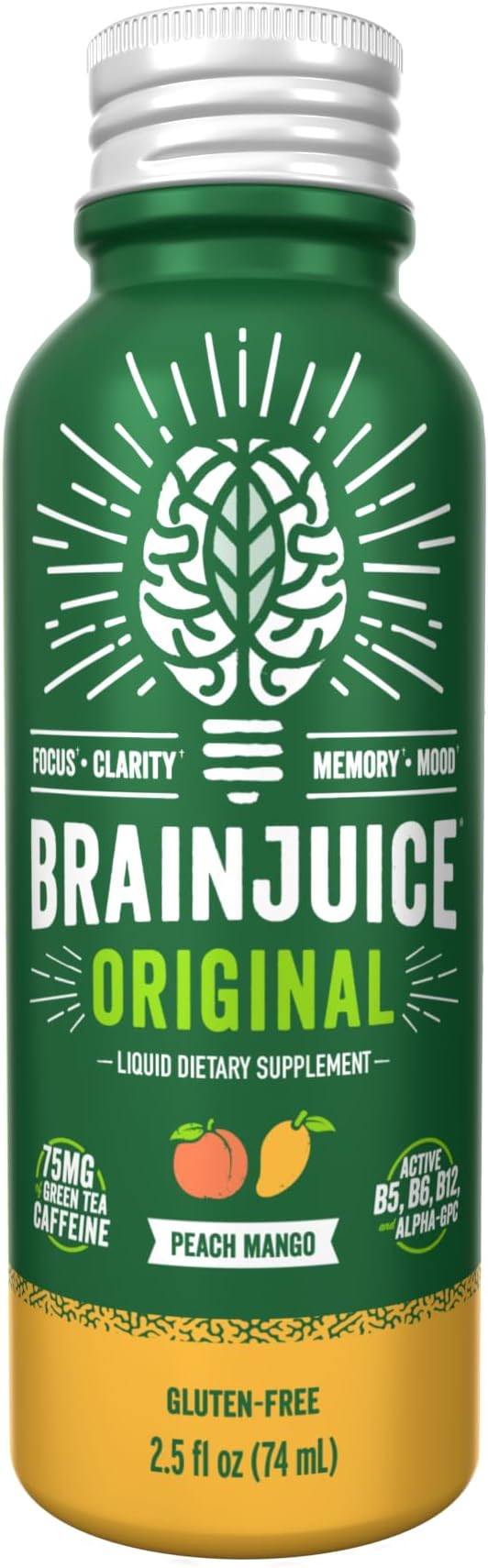 BrainJuice Focus & Energy Drink Shots, Nootropics with Alpha GPC, B Vitamins & Organic Green Tea Caffeine, Supports Focus, Memory & Clarity, Non-GMO, Gluten Free, Peach Mango, 2.5 fl oz, 12 Pack