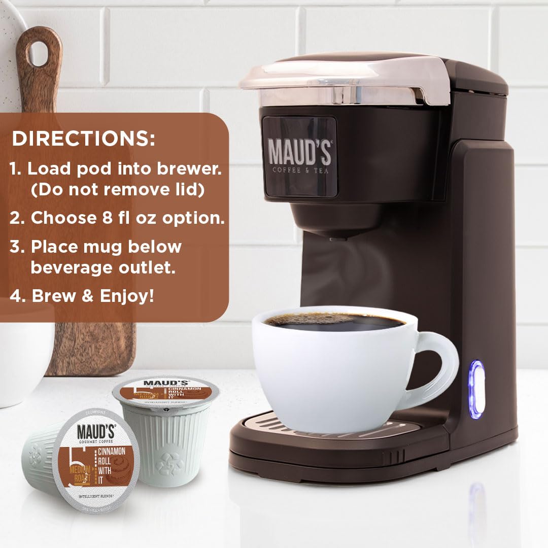 Maud's Cinnamon Roll Flavored Coffee Pods, 50 ct, Medium Roast Flavored Coffee in Recyclable Single Serve Pods – 100% Arabica Beans, Compatible with Keurig K Cups Maker