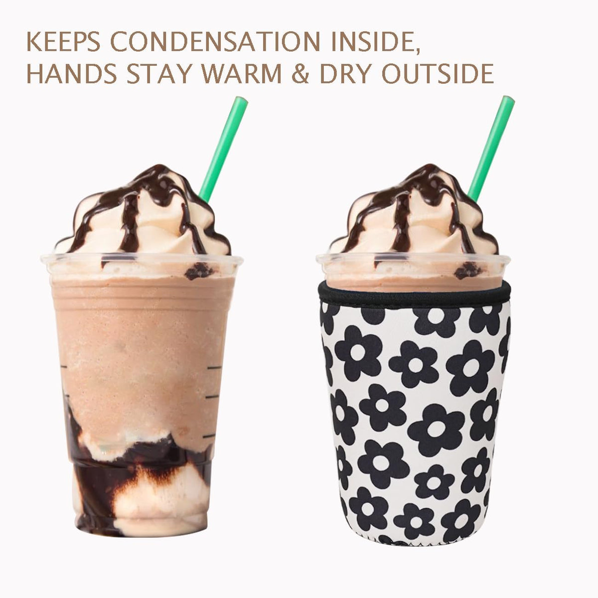 Reusable Insulated Neoprene Iced Coffee Cup Sleeve, Durable Drink Sleeve for Cold Beverages, Beverage Holder for Iced Coffee, Black Flowers