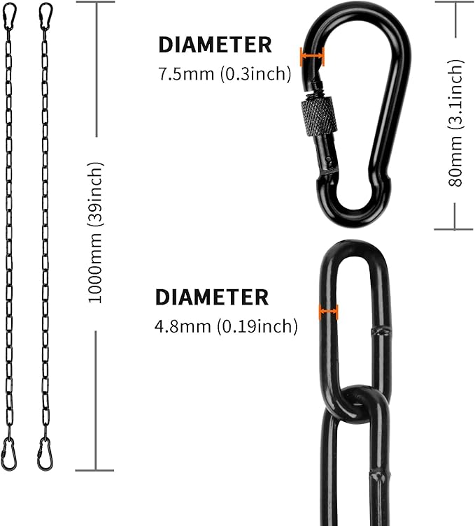 2 Pack 39inch Heavy Duty Hanging Chain with 4 Carabiners, 1000LB Capacity Hanging Chair Chain for Hammock Swing Hanging Chair Punching Bags Sandbag Indoor Outdoor Yoga Gym (Black)
