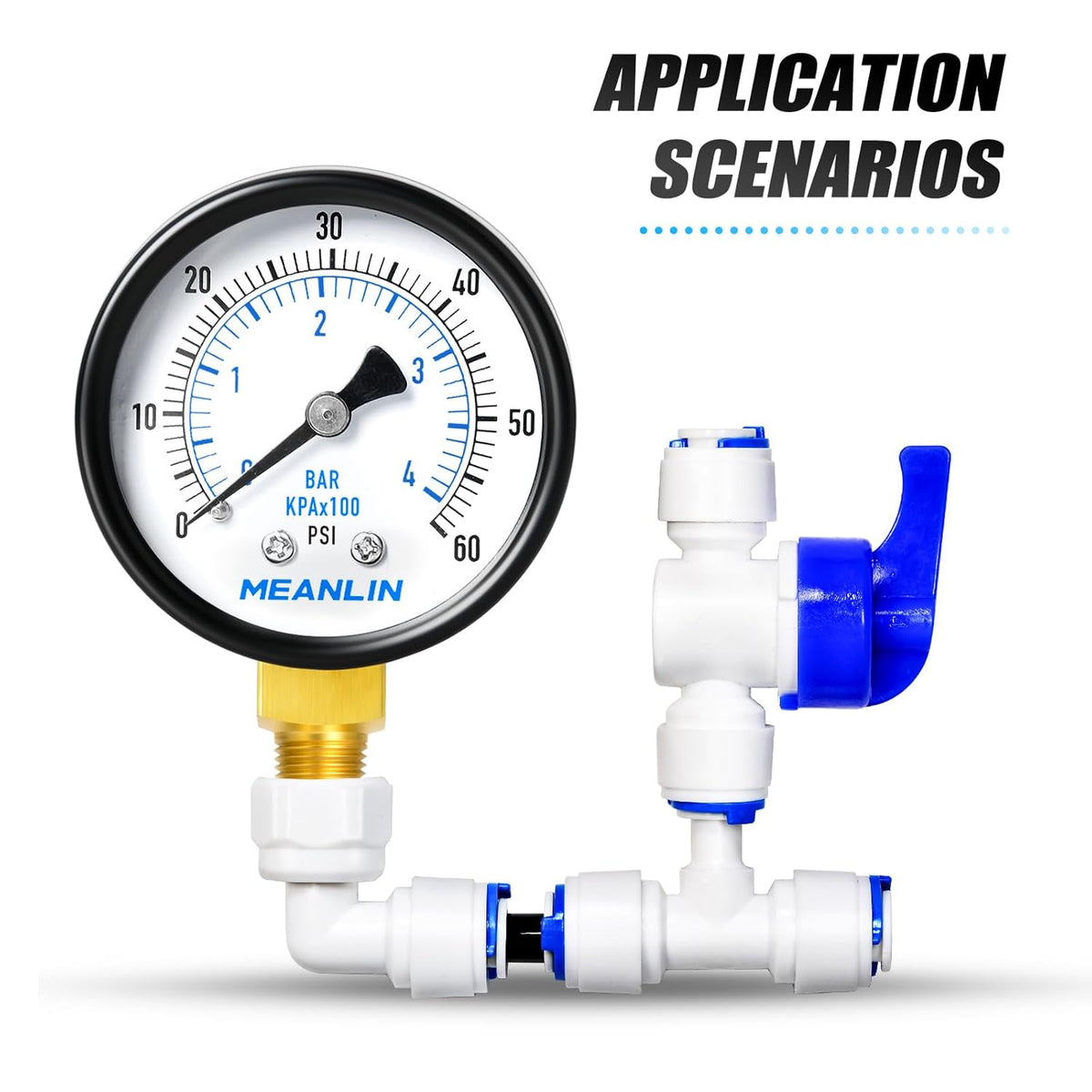 MEANLIN MEASURE 0-60Psi 2" DIAL FACE 1/8" NPT Well Pump Pressure Gauge, with 1/4" NPT and 3/8" NPT Hex Bushing, 3-2-3% Accuracy, Center Back Mount