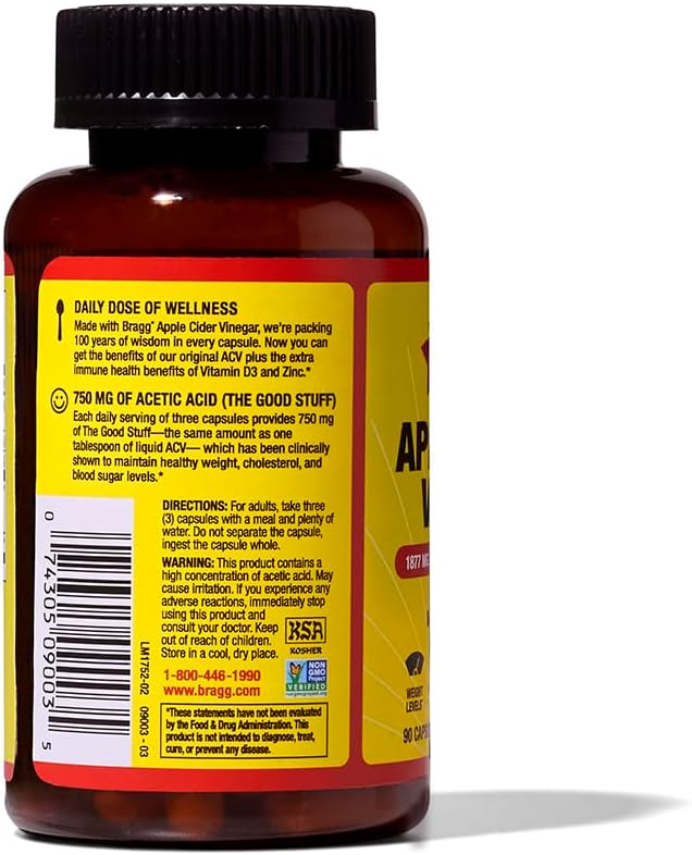 Bragg Apple Cider Vinegar Capsules with Vitamin D and Zinc - (2 Pack) 90 Capsules - Supports The Immune System