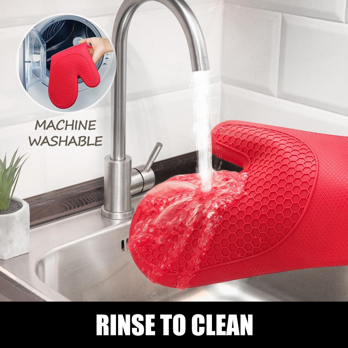 Rorecay 6pcs Oven Mitts and Pot Holders Sets for Kitchen, Extra Long Silicone Oven Gloves Heat Resistant 500 Degrees Non-Slip Potholders Hot Pads for Baking Cooking, Quilted Liner, Red