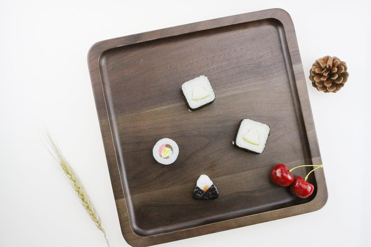 Rustic Walnut Wooden Tray Solid Wood Serving Tray Square Rectangle Platter Tea Tray Coffee Table Tray (Large Square with Grooves(11x11x1inch))