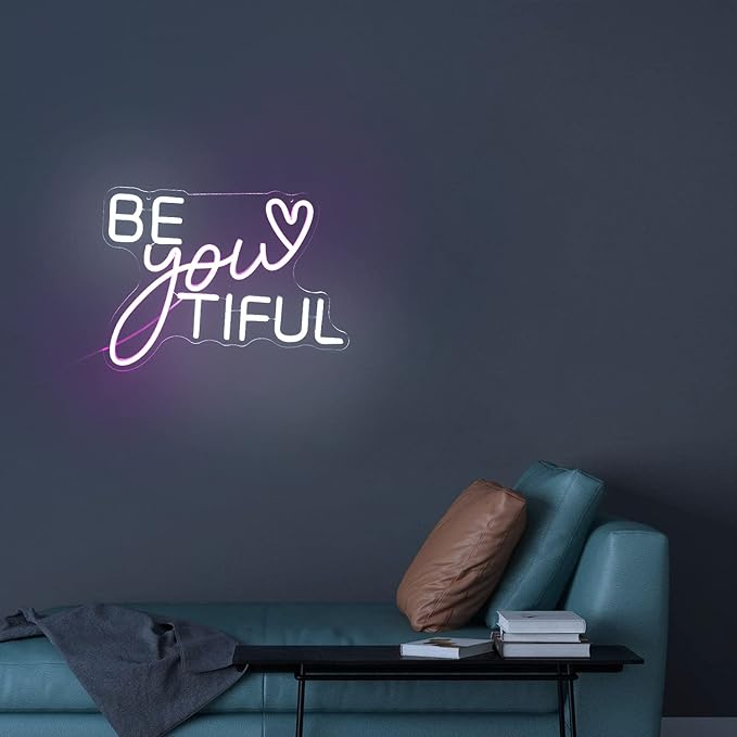 Be Your Tiful Neon Sign Dimmable Letter Neon Signs White Pink Wall Decorative Lights Powered USB with Switch for Bedroom Kid Room Shop Apartment Birthday Party Wedding (15.7’’X11.8’’)