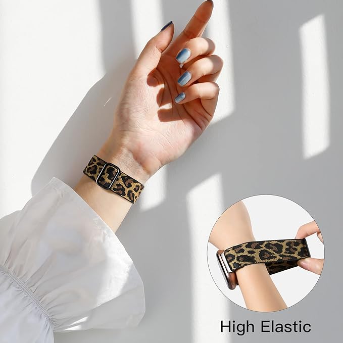 2 Pack Elastic Bands Compatible with Fitbit Versa 2 & Versa Lite Bands for Women & Men, Adjustable Sport Stretchy Nylon Solo Loop Strap Wristbands, Black & Leopard