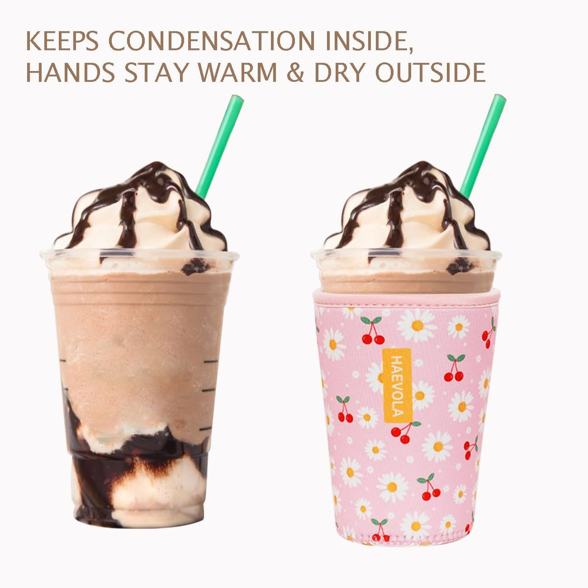 Reusable Insulated Neoprene Iced Coffee Cup Sleeve, Durable Drink Sleeve for Cold Beverages, Beverage Holder for Iced Coffee, Cherry Daisies