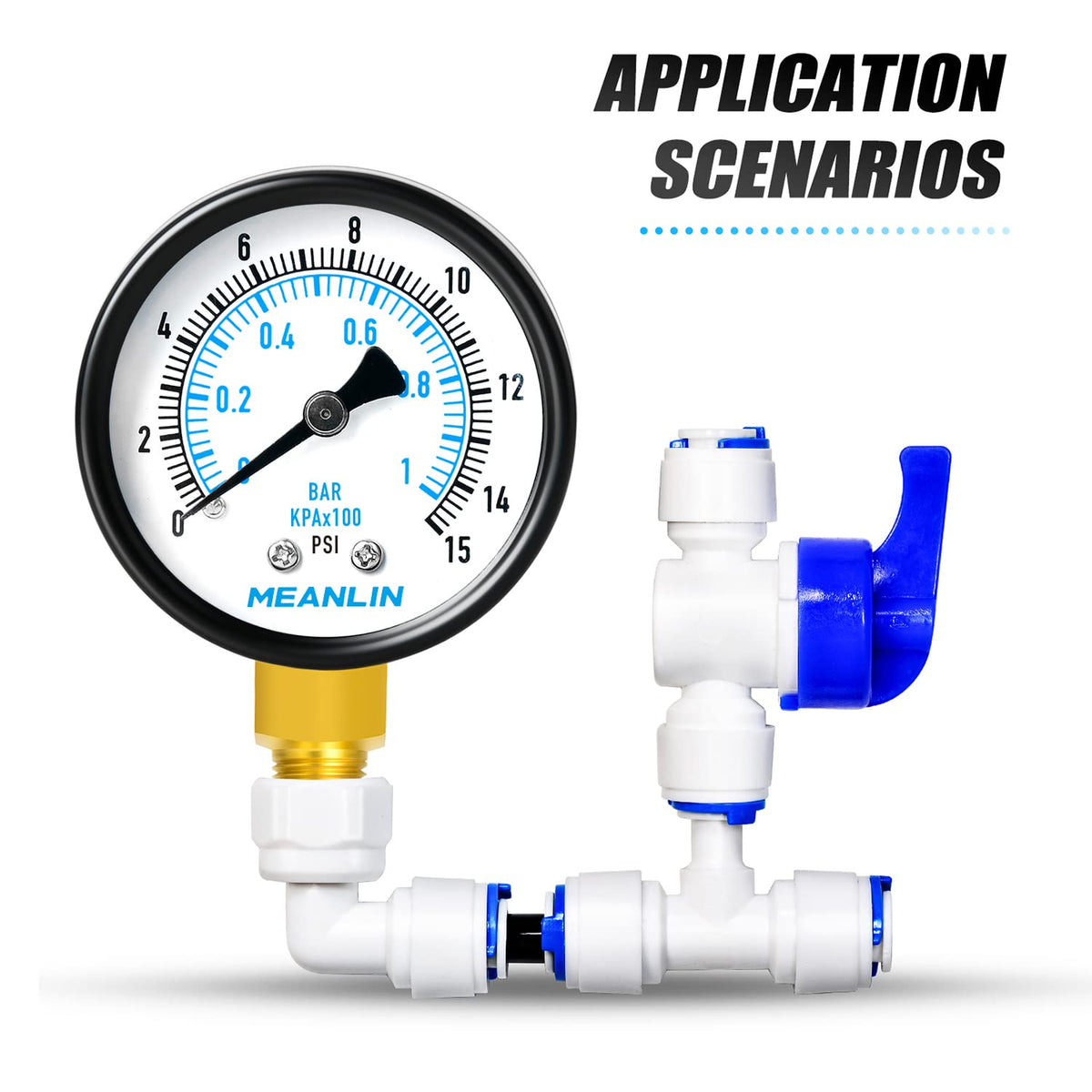 MEANLIN MEASURE 0-15Psi 2" DIAL FACE 1/8" NPT Well Pump Pressure Gauge, with 1/4" NPT and 3/8" NPT Hex Bushing, 3-2-3% Accuracy, Lower Mount