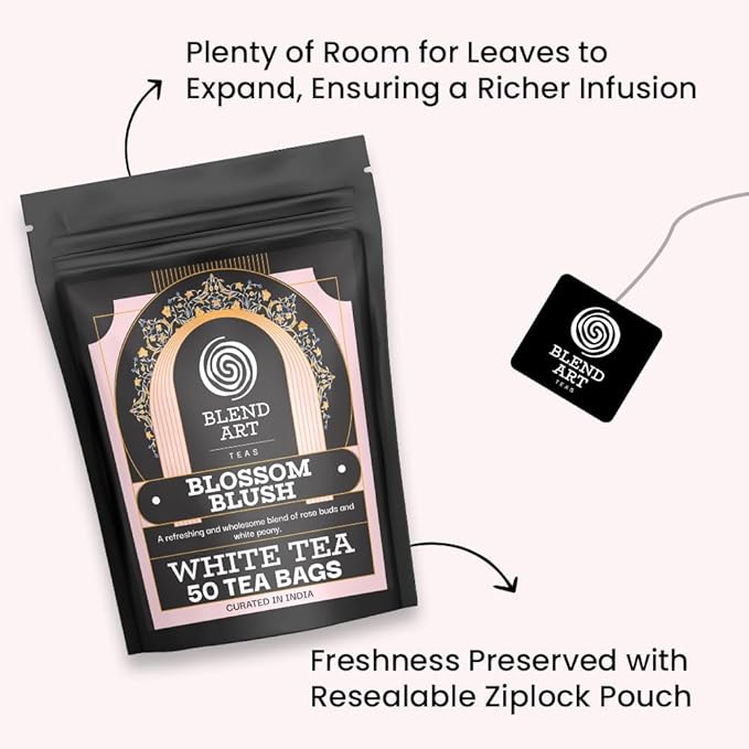 Blendart Blossom Blush Rose White Tea Bags Delicate Caffeinated Tea Made from Fresh Leaves. Natural Premium White Tea Bags -50 Pyramid Tea Bags