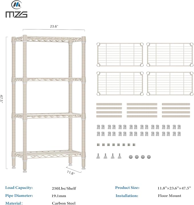 1000 lbs 4 Tier Shelf Metal Storage Shelves Wire Rack Closet Organizers for Garage Kitchen Bathroom Laundry Light Tan 11.8" D x 23.6" W x 47.5" H